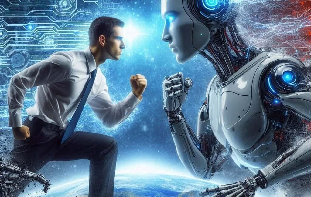 Título: "O Futuro da Inteligência Artificial: IA vs. Humanos" Legenda: "Explorando o impacto da IA na sociedade e no futuro da humanidade." Descrição: "Imagem representando o debate sobre o papel da inteligência artificial na sociedade, suas implicações e o potencial confronto entre IA e humanos."